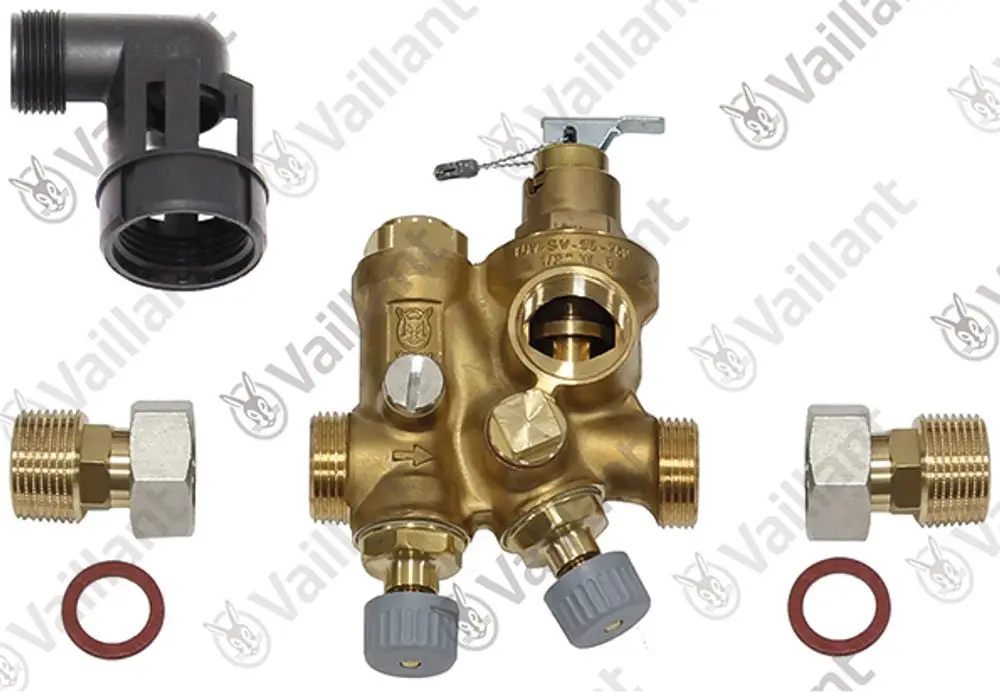 Vaillant Bauteile für Heizsystem, bestehend aus einem zentralen Ventilblock, verschiedenen Anschlussstücken und Dichtungen.